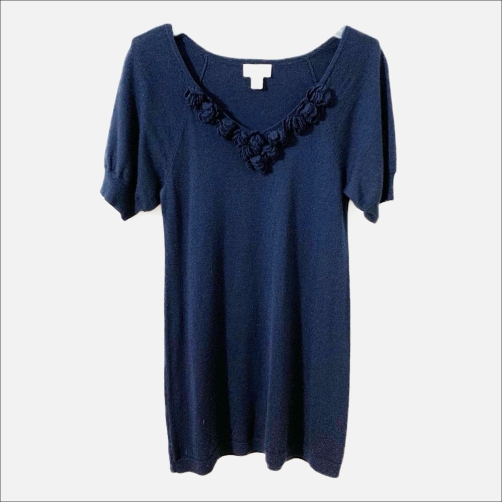 LOFT Ann Taylor Merino Wool Blend V-neck Sweater Dress Floral Spray Detail Blue